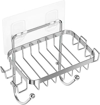 ODesign Soap Dish Holder SUS304 Stainless Steel with 6 Hooks Loofah Bath Sponge Towel Razor Holder for Bathroom Shower Kitchen Adhesive Wall Mounted No Drilling-Silver-1 Pack