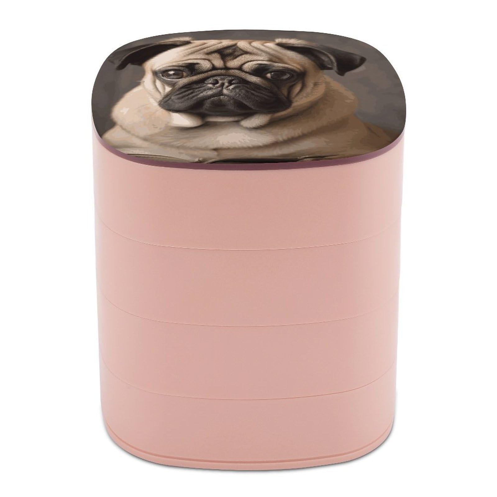 JTREHY Animal Pug DogJewelry Box 4-Layer Rotating Stronge Boxs Round Travel Jewelry Case with Lid for Bracelets Rings Bracelets, Gift for Women