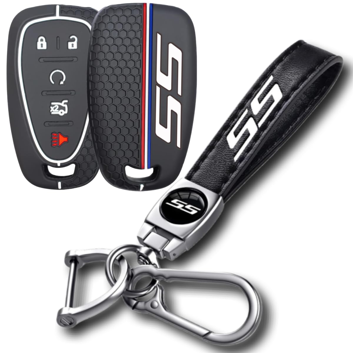 SS Emblem Key Fob Cover with Keychain for Chevy Camaro Malibu Impala Remote Control Key Fob Protect Shell Key Holder for Chevy Accessories (White,SS)
