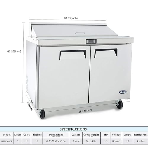 Miniatura 3 de Atosa MSF8302GR - Refrigerador de mesa para sándwiches y ensaladas de 48 pulgadas para restaurante, hotel, delicatessen, cafetería, 2 puertas, 2