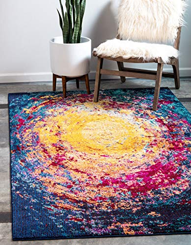 Image of Unique Loom Estrella Collection Abstract, Gradient, Modern, Sunburst, Distressed Area Rug (3' 3 x 5' 3 Rectangular, Multi /Navy Blue)