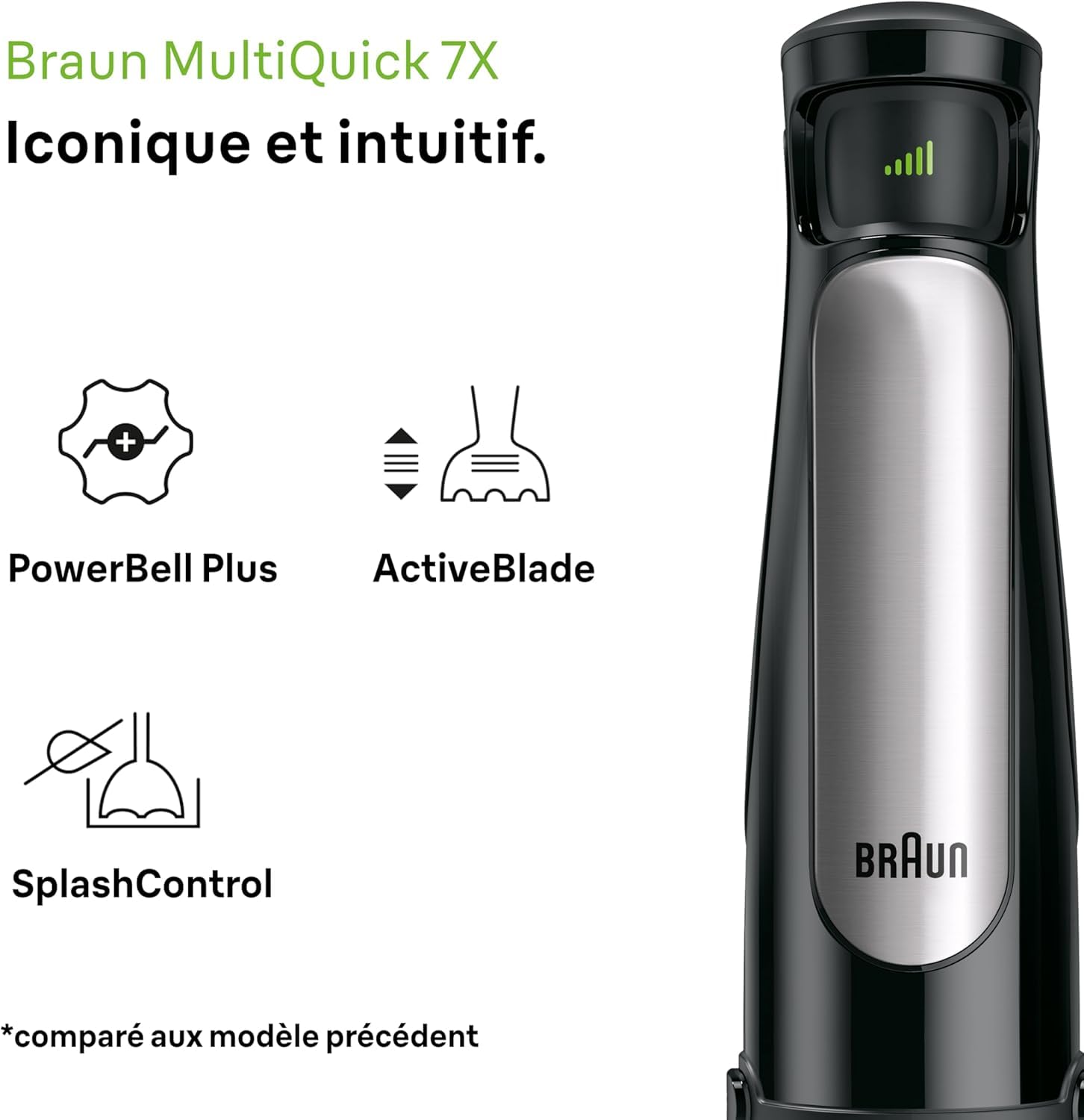 Braun MultiQuick 7 - Mixeur Plongeant, SplashControl, Système ActiveBlade pour Aliments Durs, Sélection de Vitesse Précise, Blender 1,5L, Hachoir, Fouet, Verre Doseur 600mL, 1000W, Noir (MQ7087X)