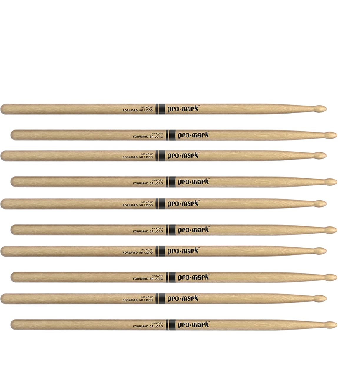 ProMark Classic Forward 5A Long Hickory Drumsticks, Oval Wood Tip (5 Pack)