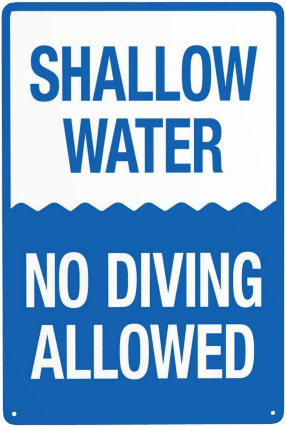 Shallow Water No Diving Allowed Rust Free Aluminum Sign - Retro Pool Rules Decor with Pre-Drilled Holes for Home/Business Pool - 16x12 Inch​