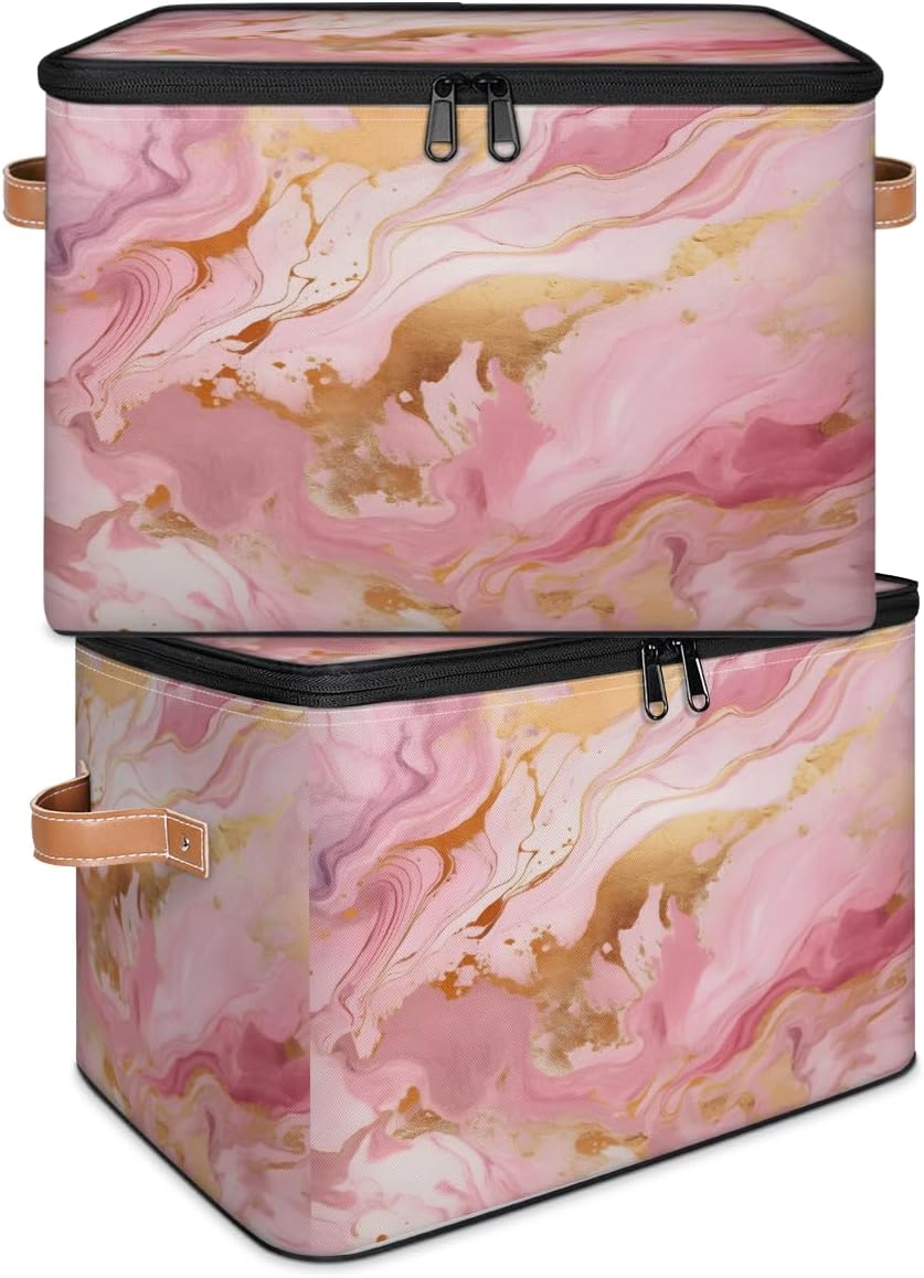 Storage Bin Set of 2 Red Marble Storage Basket with Zipper Lid & Handle Foldable Closet Shelf 2 Pack Cloth Organizer Basket Cube Bins Clothes Organizer for Nursery, Bedroom