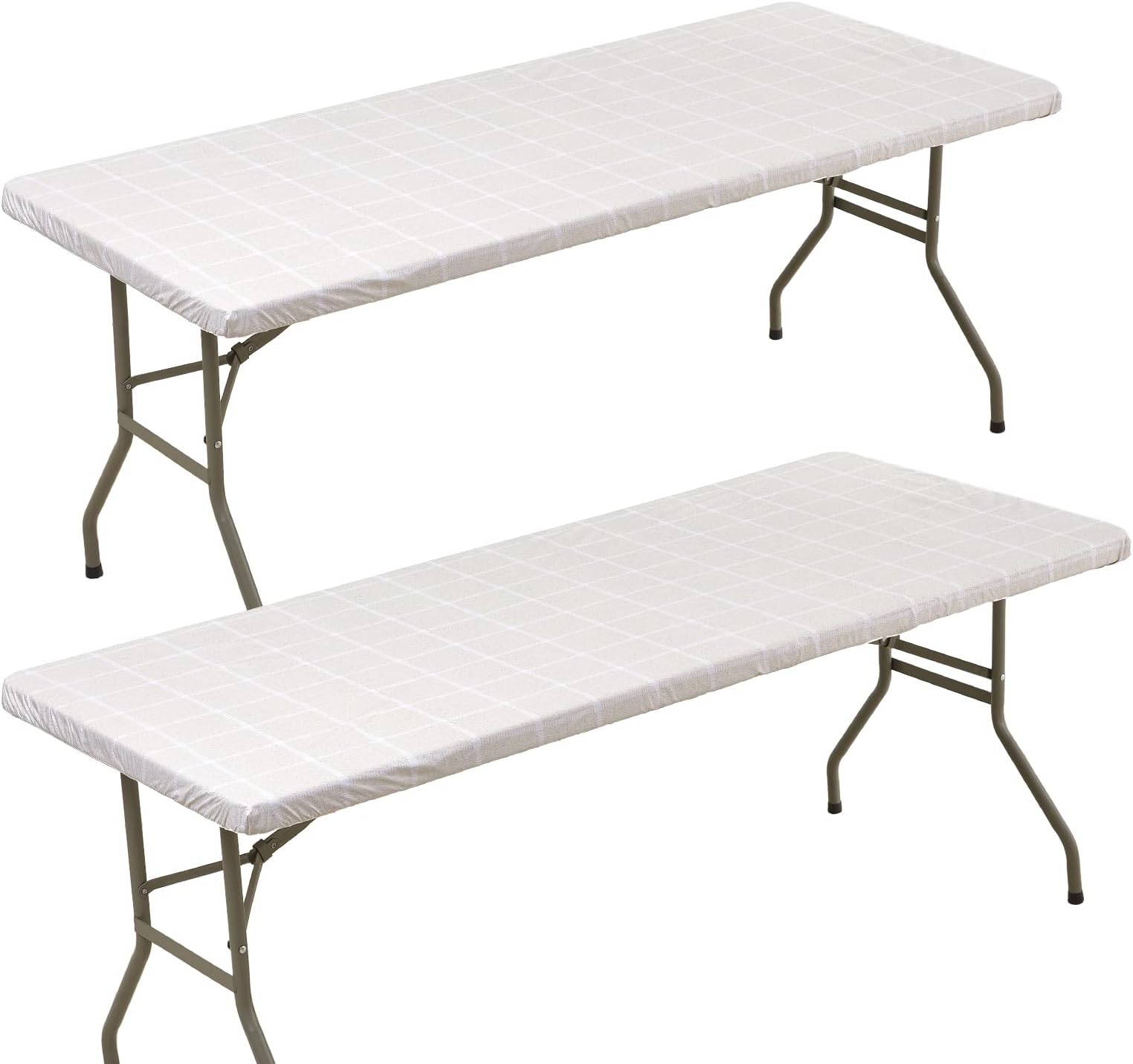 Vinyl Elastic Tablecloth for 6ft Rectangle Tables, Fitted Table Covers with Cream Checkered Design, 30”×72” Flannel Backing Folding Table Cloth, for Home Picnic Party Holiday Travel (2 Pack)