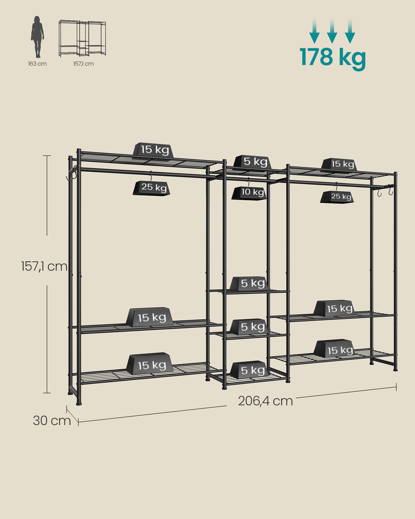 SONGMICS Kleiderständer, offener Kleiderschrank, Garderobenständer mit 10 Ablagen, 3 Kleiderstangen, 4 S-Haken, Metallrahmenm, für Schlafzimmer, Wohnzimmer, Eingangsbereich,schwarz LGR011BZ01