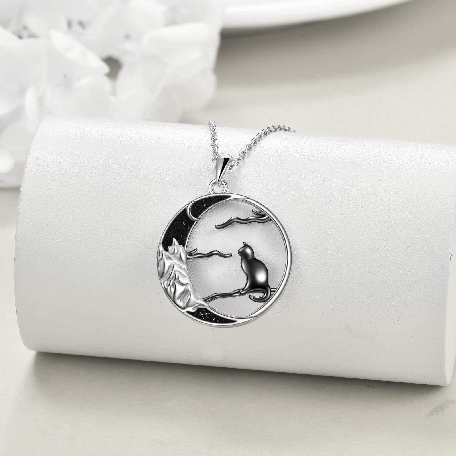 POPLYKE Schwarz Katze Kette für Frauen Sterling Silber Keltische Mond Katze Schmuck