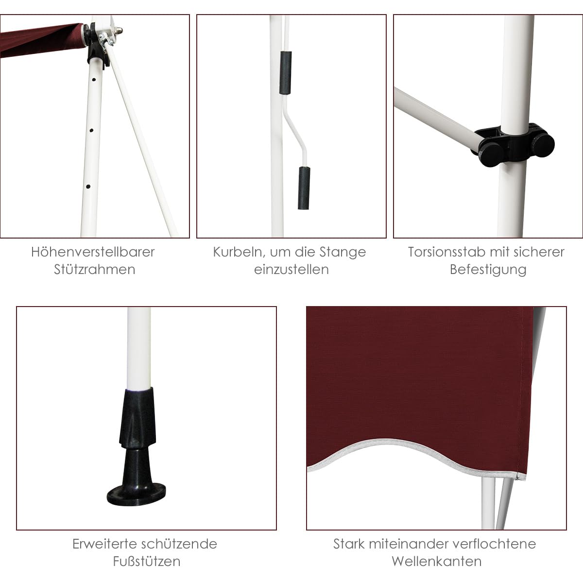 COSTWAY Klemmmarkise 250 cm breit, Balkonmarkise ohne Bohren, UV-beständig, höhenverstellbar, wasserabweisend, Markise mit Handkurbel, Sonnenmarkise, Sonnenschutz für Balkon (Weinrot)