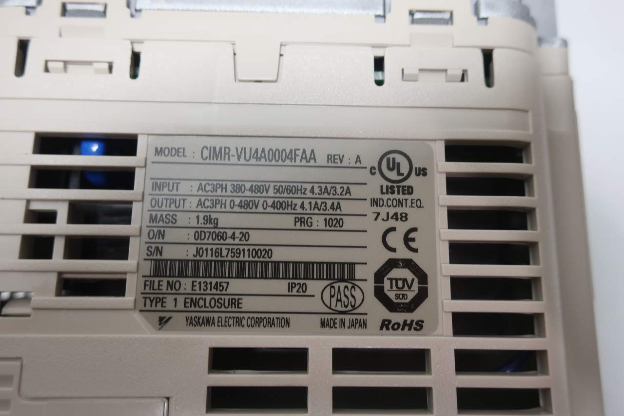 Close-up of the Yaskawa V1000 SERVO Drive rating label with model and electrical specifications