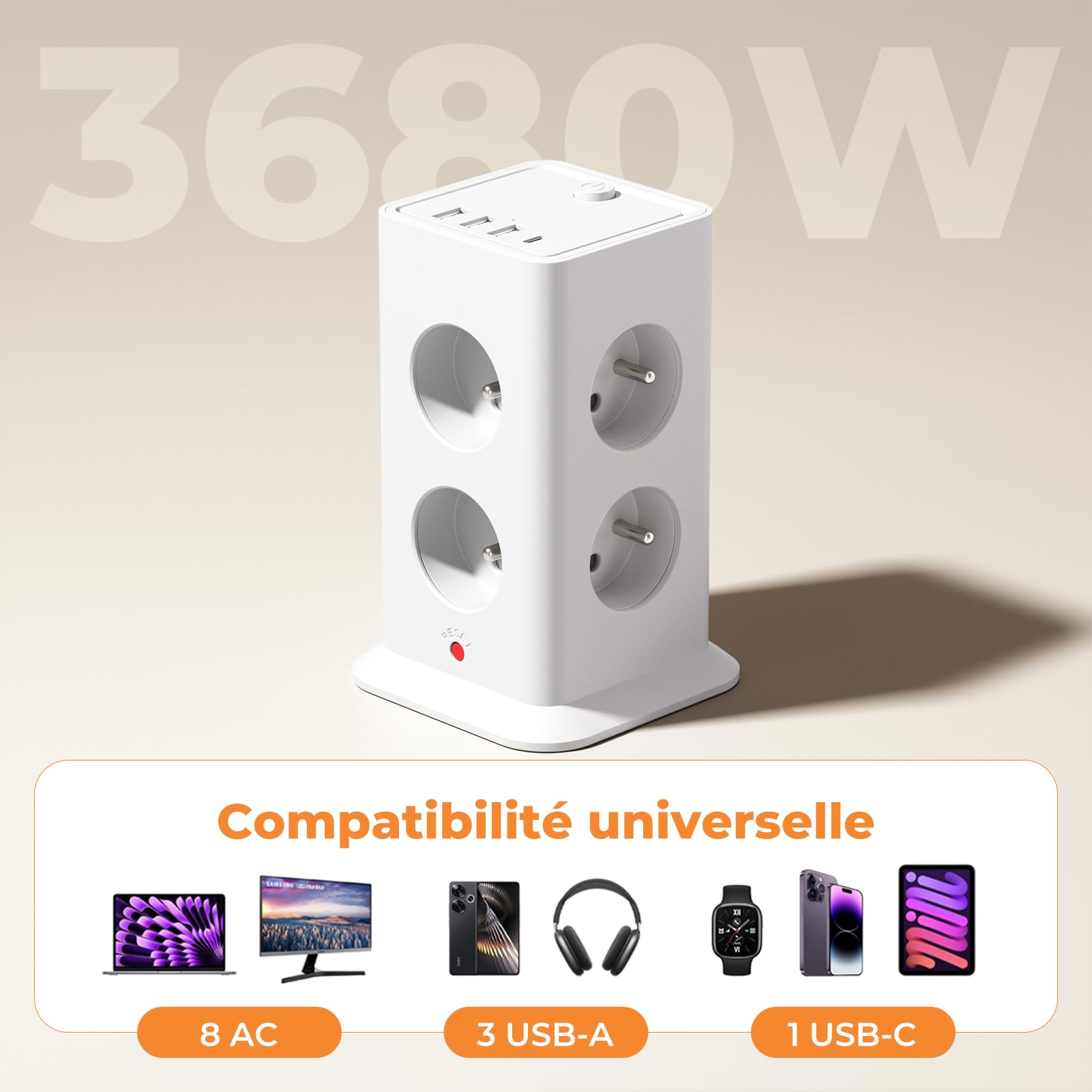 12-in-1-Mehrfachsteckdose mit Schalter, Steckdosenleiste mit 8 AC-Steckdosen mit 4 USB-Anschlüssen, Steckdosenleiste Überspannungsschutz und Überspannung mit Schalter, 3680 W, Kabel 3 m, für Haus