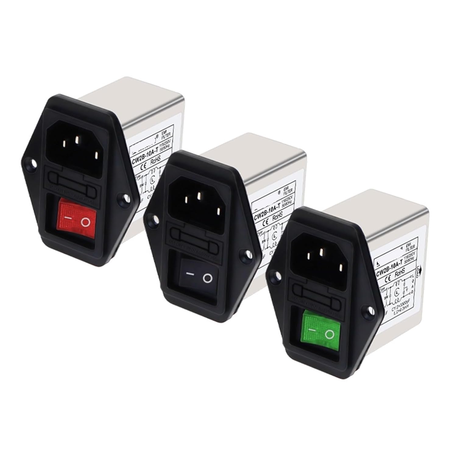 Power Filter CW2B 10A 6A 3A T red, Green and Black Switch 2200V AC IEC Socket Insurance Three-in-one(CW2B -3A -T 3A Black Switch)