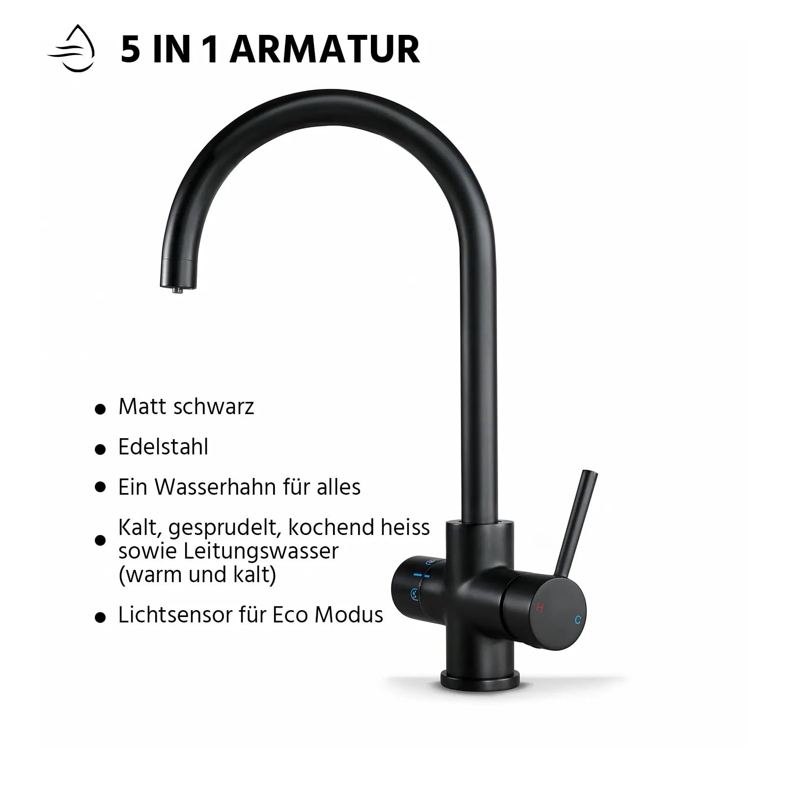 HappyFilter FizzRed Wassersprudler Wasserkocher | gekühlt | gesprudelt | kochend| 5in1 Black Wasserhahn | Kalkfilter | Wasserspender | Büro | Küche | Festwasseranschluss | 2kg CO2 Adapter