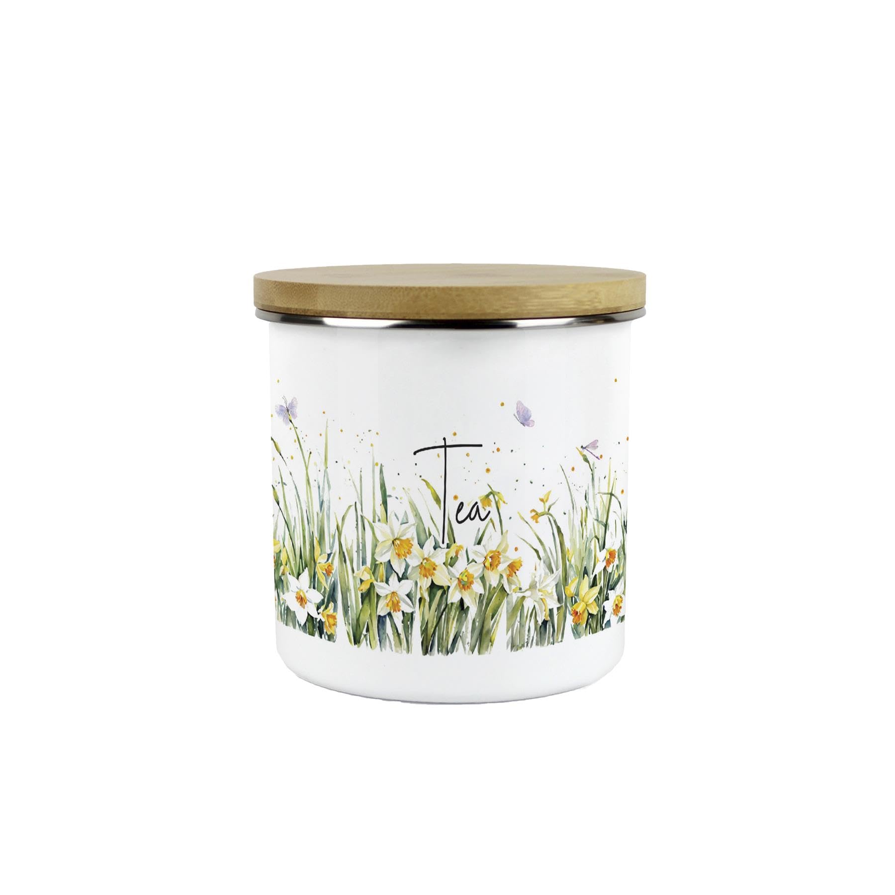 Purely Home Spring Daffodils Tea Storage Canister - Floral Nature Metal Enamel Hot Drinks Storage Container