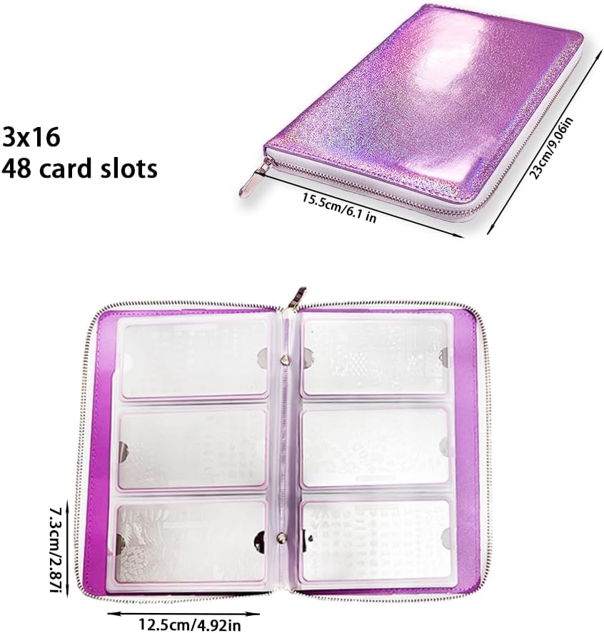 Finger Angel 48 Slots Holographic Nail Plates Holder Case Stamping Templates Organizer Retangel Nail Printing Molds Collection Manicure Tool Accessorie-6x12Cm Template Pink Color Case