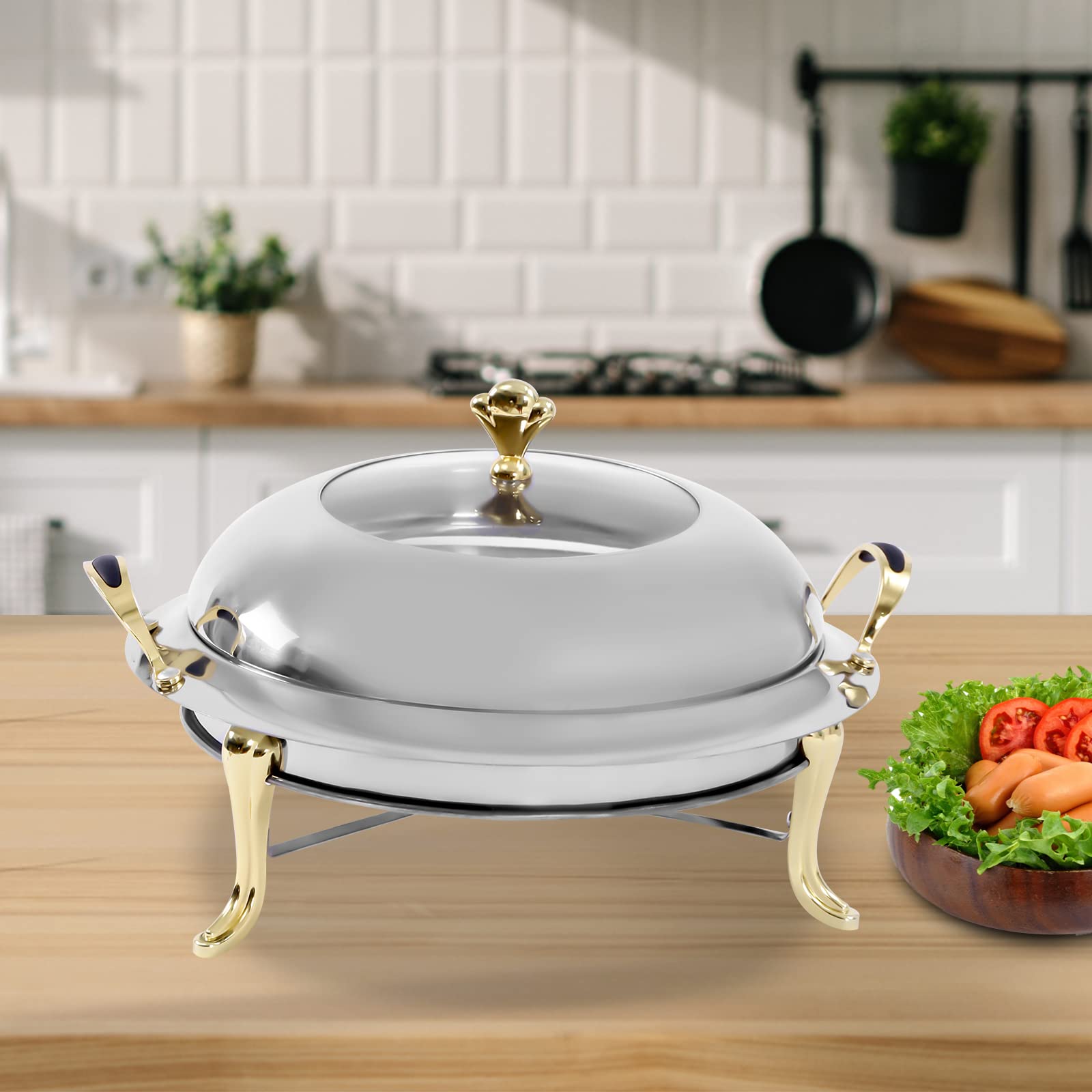 Chafing Dish in acciaio inox, rotondo, durevole, con coperchio e porta combustibile, per cucina, feste, cibo, buffet, senza acqua
