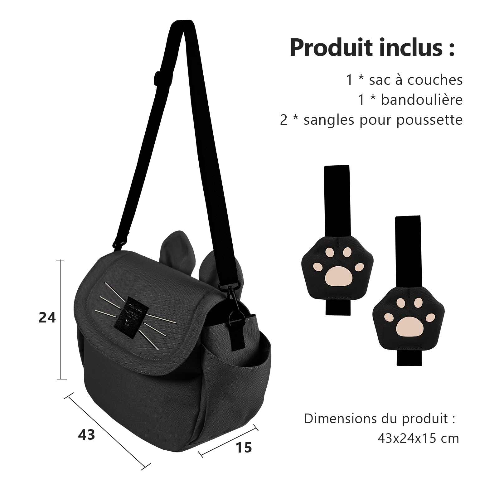 SUNVENO Sac à couches pour chat Grande capacité Maman Sac de voyage Maternité Universel Bébé Poussette Sacs Organisateur (Noir)
