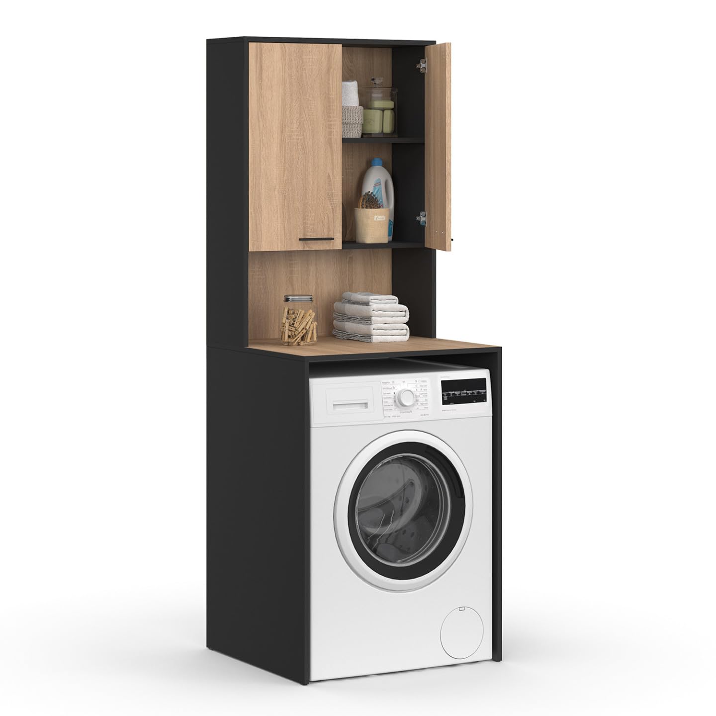 IDMarket - Meuble Dessus de Machine à Laver Wallis avec Placard Noir et Bois façon hêtre