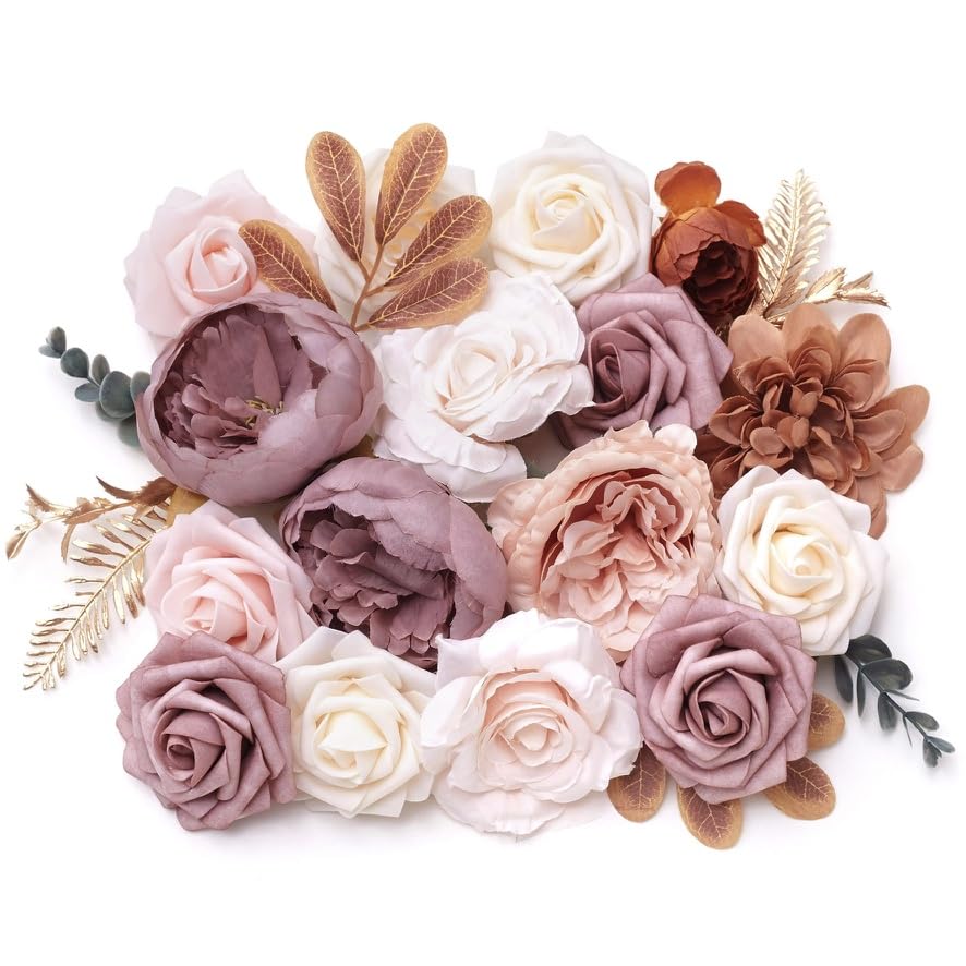 The Baked Studio - Artificial Silk Flower Heads & Foilage For Cake Decorating, Weddings & Crafts (Cream, Pink, Peach, Mauve & Gold)