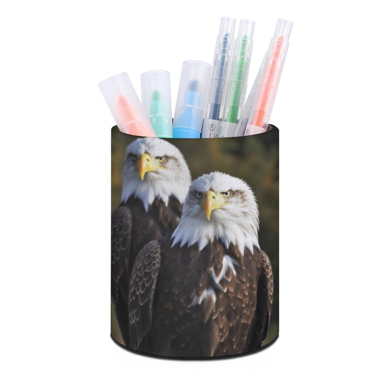 JTREHY Round Pen Holder,White Head Eagle Printed Makeup Brush Storage Box Desktop Stationery Storage Cup Office Accessories Storage Box Pencil Storage Box for Home Office Dressing Table
