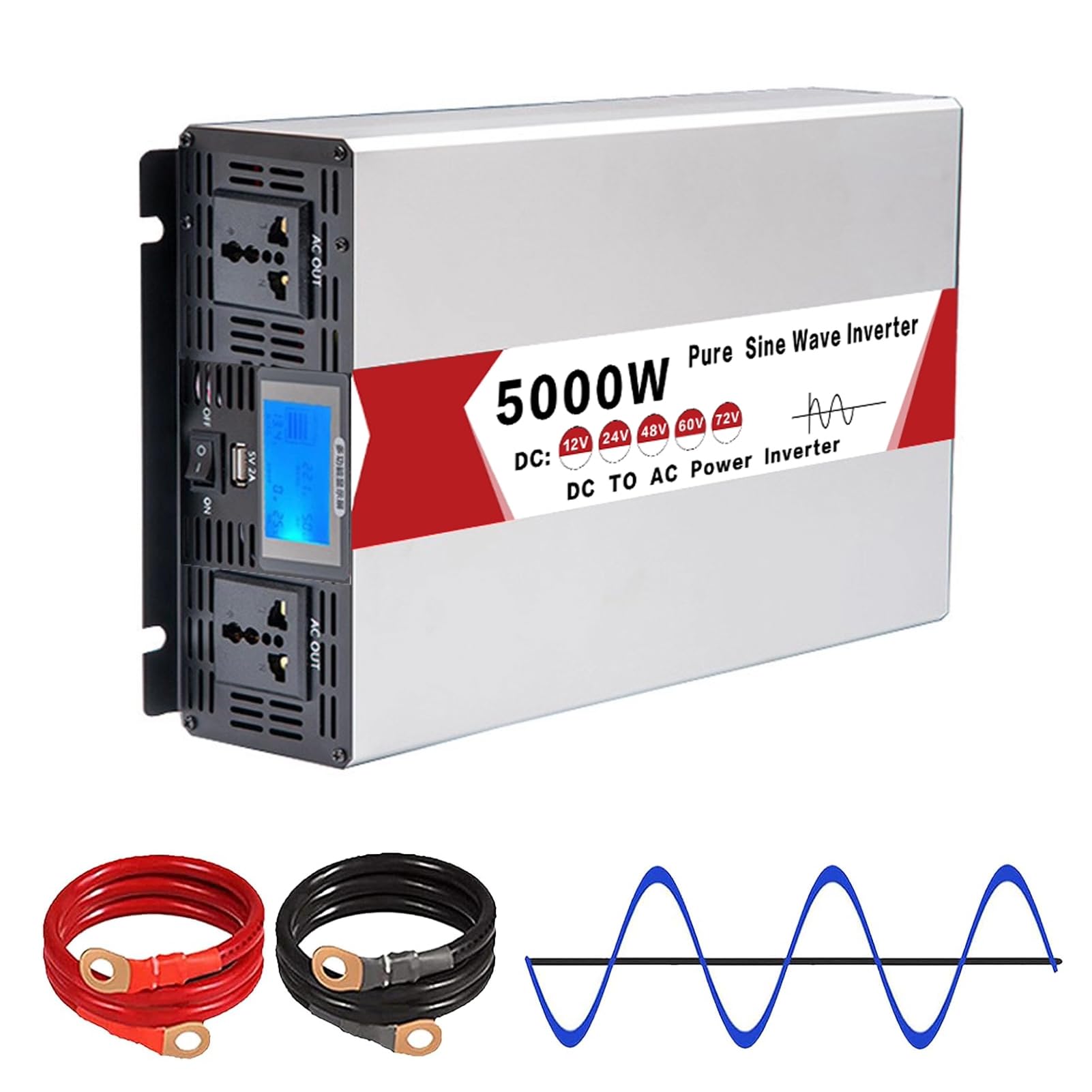 5000W Off-Grid Solar Power Inverter DC 72V 60V 48V 24V 12V to AC 120V 240V Converter, Vehicle Pure Sine Wave Inverter Charger with 2 AC Outlets Display for Truck, Home, RV, Camping(Size:24v to 120v)
