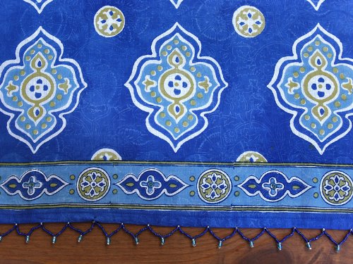 Saffron Marigold - Casablanca Blues - Blue And White Moroccan Inspired Hand Printed - Beaded Quatrefoil Sheer Cotton Voile Window Valance Curtain - Rod Pocket - (44 X 17 Inches) #TOP2