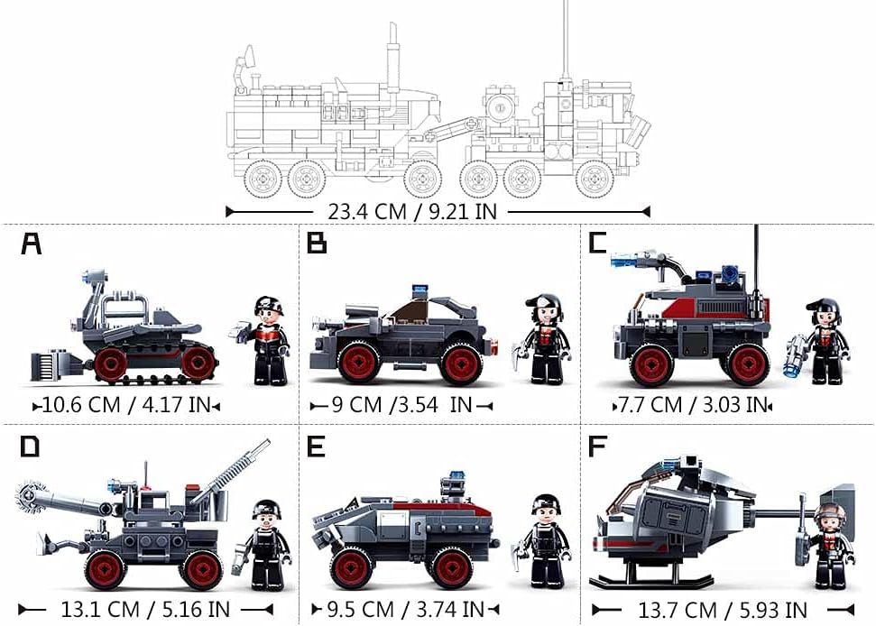 Dimensions of the six individual Sluban Space War models and the combined Command Car