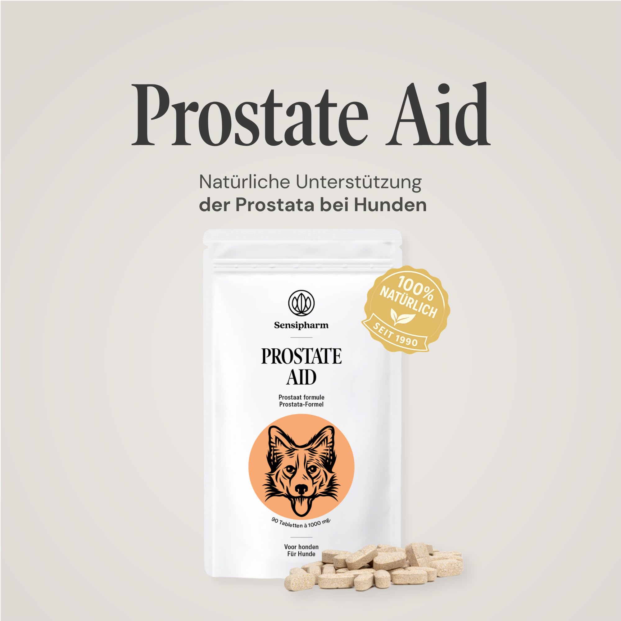 Prostata Aid - Prostata Tabletten für Hunde zur Unterstützung der Prostatafunktion - hochdosiertes Nahrungsergänzungsmittel mit pflanzlichen Extrakten - 90 Tabletten à 1000 mg - Sensipharm