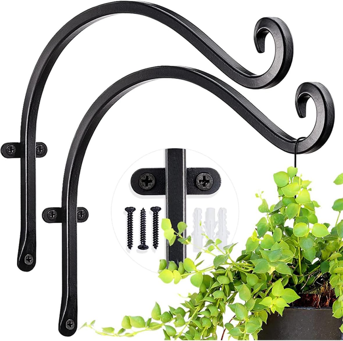 Brackets for Hanging Basket Hanging Basket Bracket (12 Inch/2pcs) Wall Hooks Outdoor for Flower Bird Feeder and Plants, Black