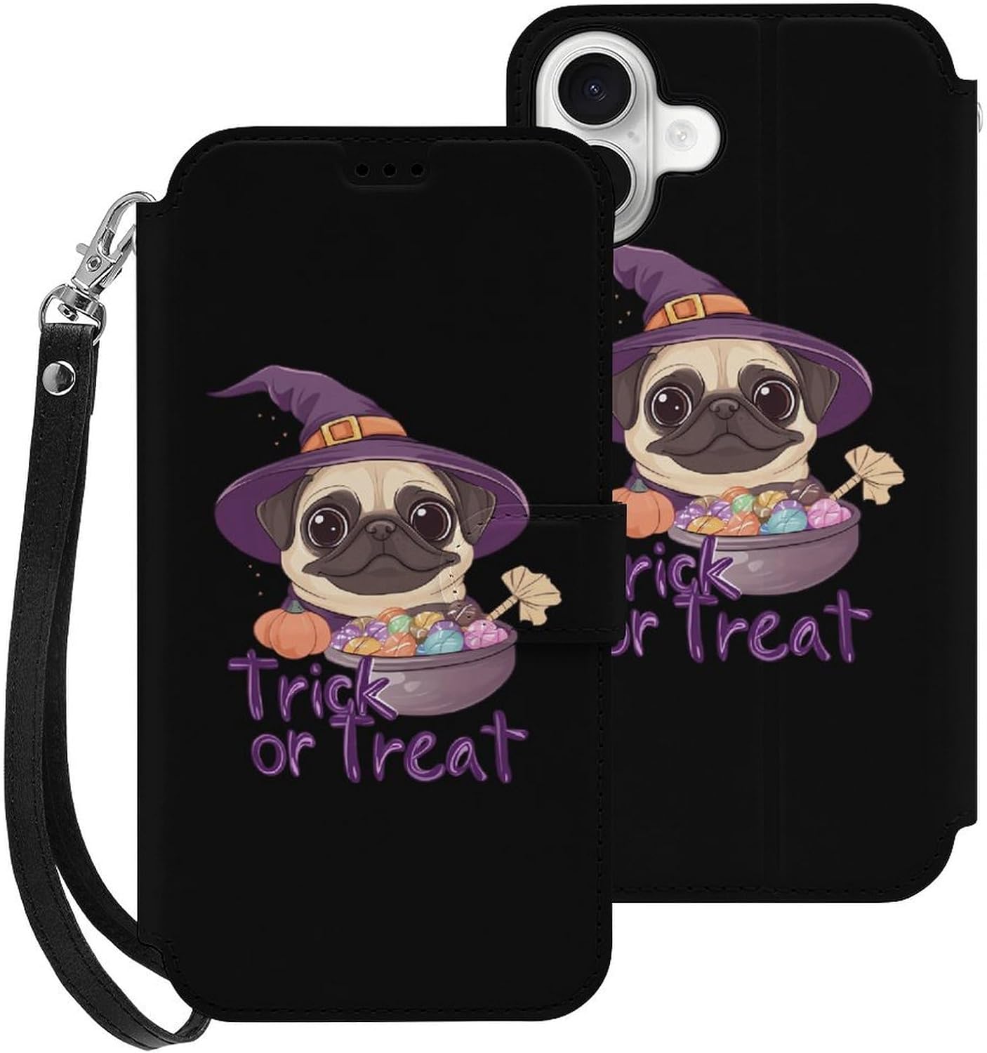 Cute Pug Dog Halloween Compatible with iPhone 16/16 Plus/16 Pro/16 Pro Max/16 E Case Phone Wallet Card Holder Flip Cover with Wrist Strap