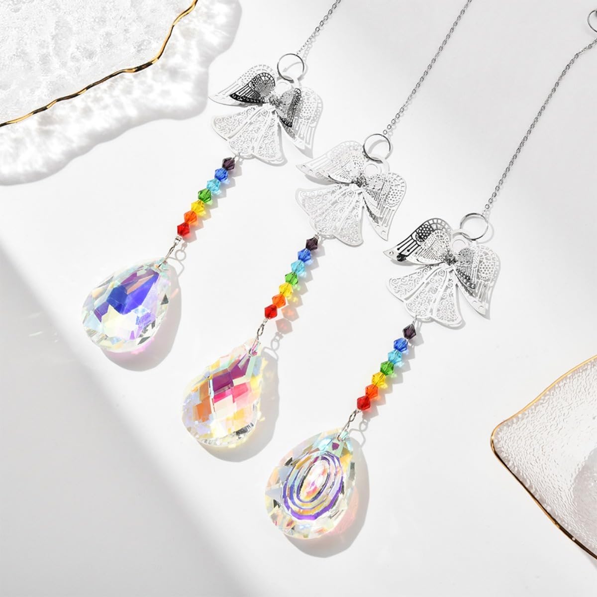 3Pcs Crystal Suncatcher, Hanging Gazing Ball Spiral Tail Wind Spinners, Rainbow Maker Chime Garden Deco for Birthday Party Indoor Outdoor Garden Decoration