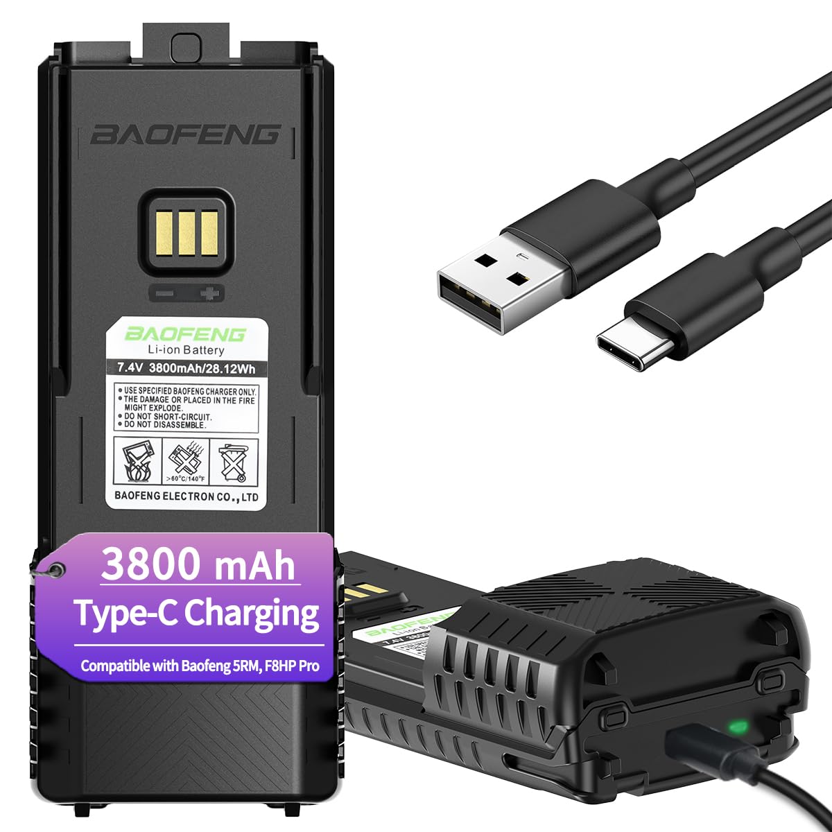 BAOFENG AR-5RM Battery Rechargeable 3800mAh Extended Battery USB-C Charger for Ham Radio Hanheld Compatible with BF-F8HP PRO UV-5RH PRO UV-5G Plus GM-5RH GMRS 5RM Series Walkie Talkies Accessories
