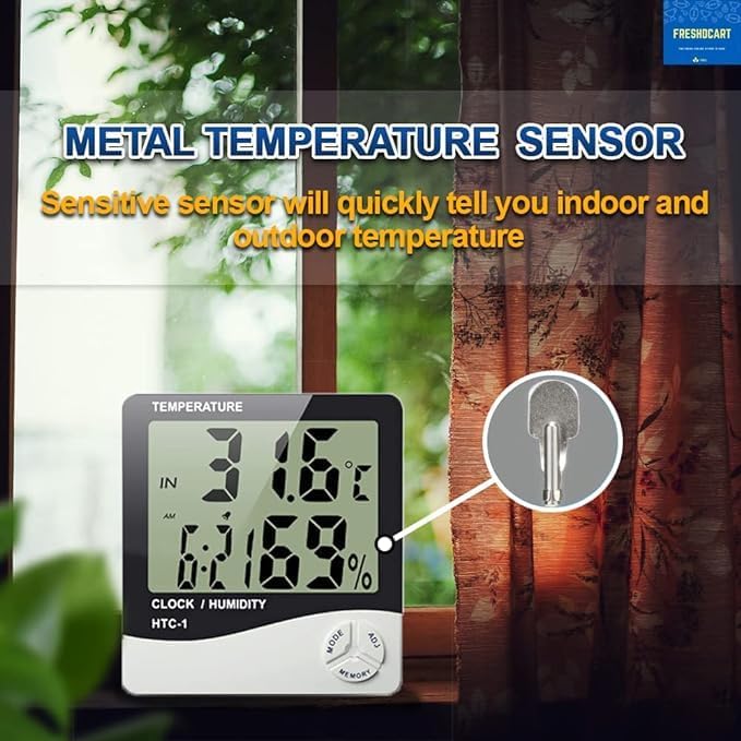 Digital Temperature Humidity Monitor HTC-2, Indoor Outdoor Thermometer with Clock, LCD Display with External Probe 4