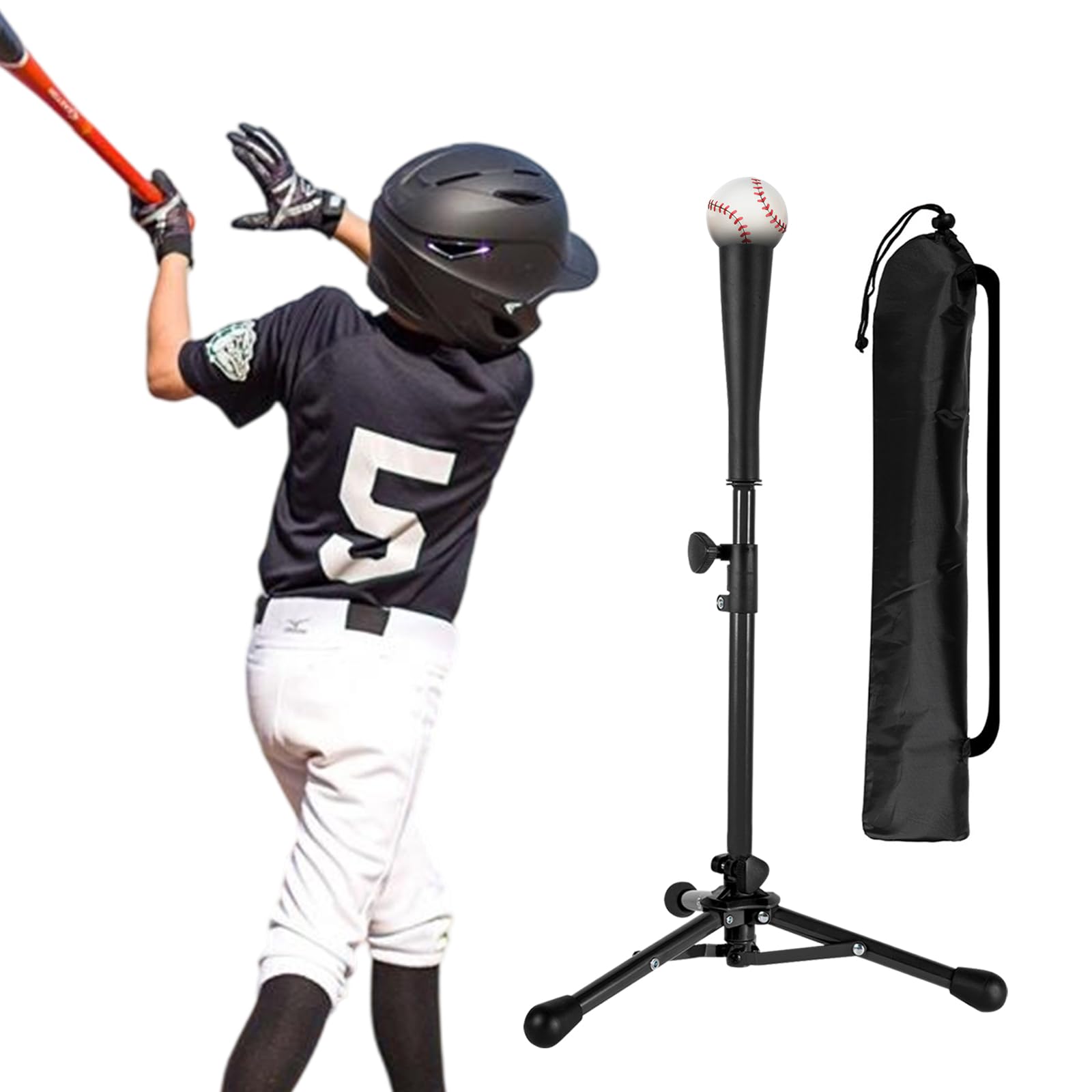 バッティングティー 野球 高さ53-76cm調整 練習 ティースタンド 置きボールホルダー ソフトラバーゴム 素振り トレーニング 軟式/硬式/ソフトボール 折り畳み式 三脚タイプ 収納袋付き