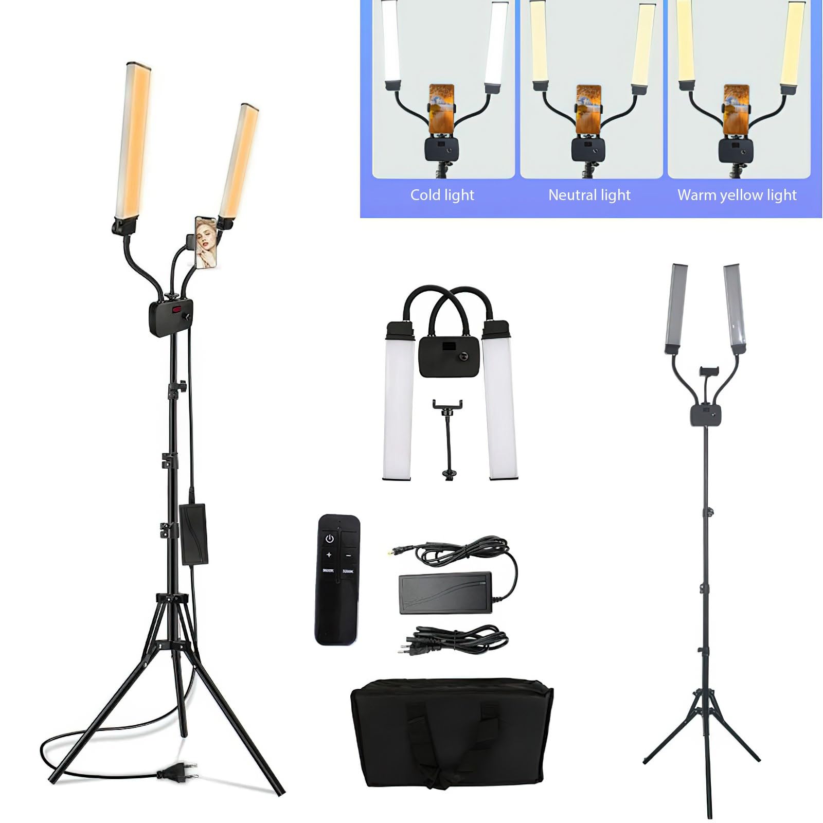 Lampada Ciglia A Doppio Braccio, Lampada Di Bellezza 45W Con Treppiede Regolabile, Lampada Led 3000K-5600K Con 2 Supporti Telefono, Per Trucco, Manicure, Tatuaggio, Fotografia, Live Streaming