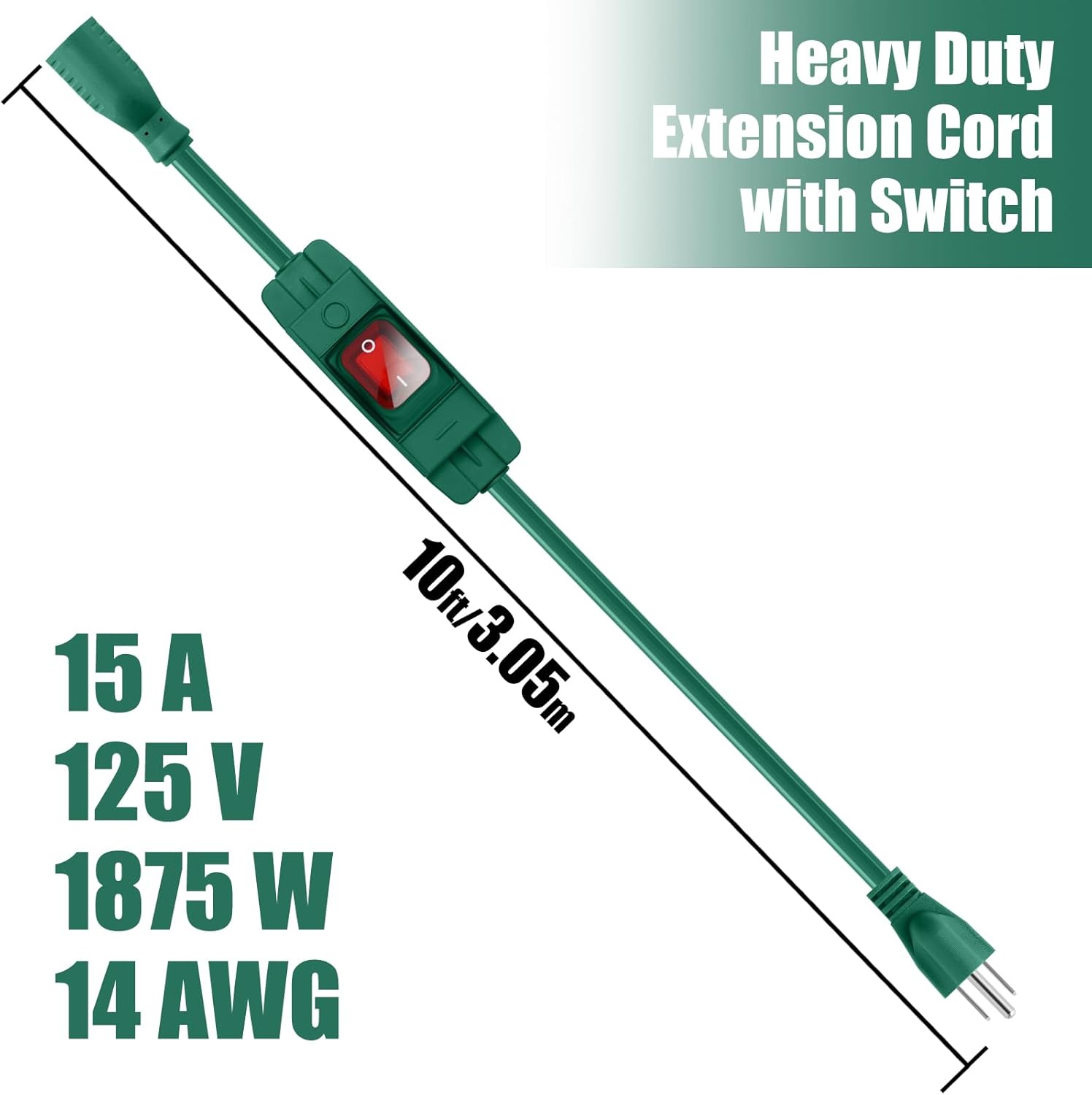 Extension Cord with Switch On/Off Waterproof Switch 10Ft No Plugging and Unplugging Invintage Stereo Devices Without Built-in Power Switch(10 FT, Green)
