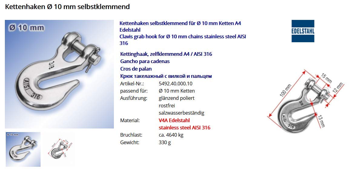 Kettenhaken A4 Edelstahl selbstklemmend für Ø 6 8 10 mm Ankerkette rosfrei Niro V4A Haken (für Ø 10 mm Ketten)