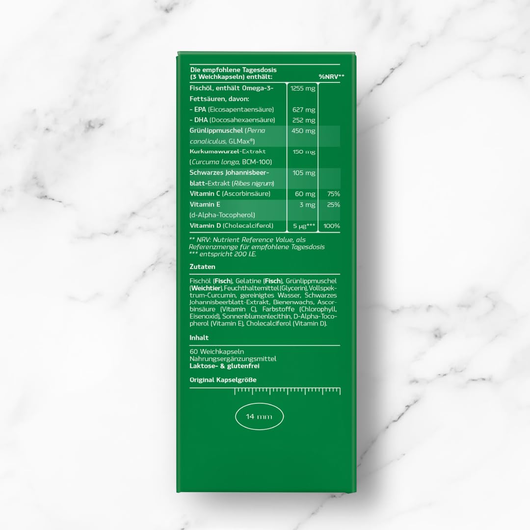 5-in-1 GLMax® Grünlippmuschel Plus – 60 Flüssigkapseln | Mit flüssiger Grünlippmuschel, Curcumin, Omega-3, Vitaminen & Johannisbeerblatt | Für Gelenke, Muskeln & Knochen