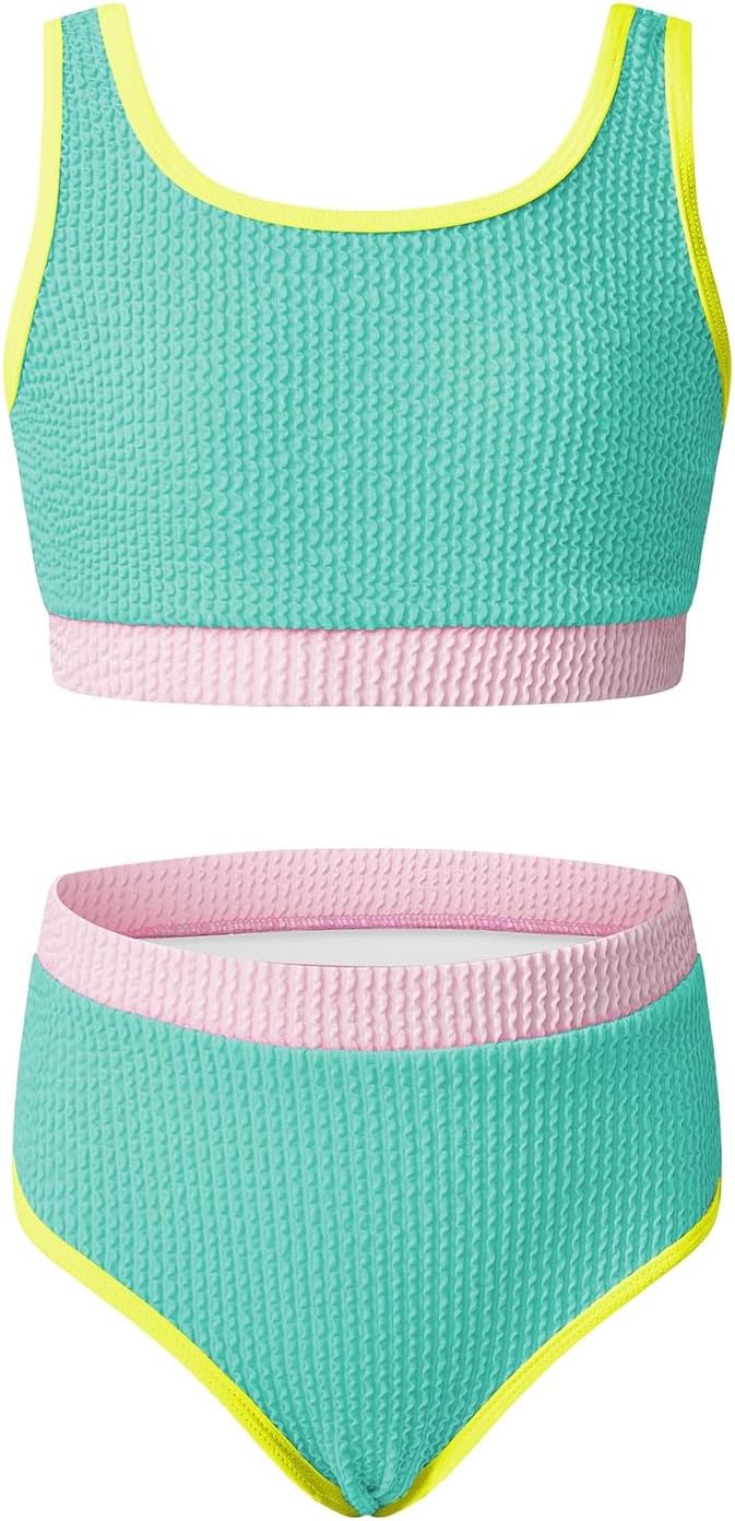 blibean Tween Girls Swimsuits Two Piece Colorblock Bikini Sets with Chest Pad Size 6-15 Years