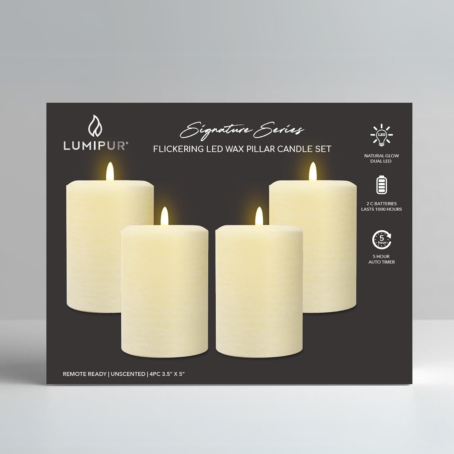 LumiPur Signature Collection Natural Glow Flickering Flameless 4 Pack LED Wax Pillar Candle (4 Pack 3.5" x 5", Linen White)