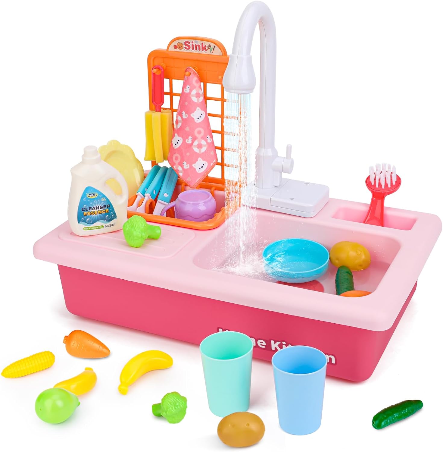 BOBXIN Play Sink with Running Water, Kids Pretend Play Kitchen Toy Sink for Toddler, Role Play Electric Dishwasher Kitchen Water Toys Set with Upgraded Working Faucet and Dishes Playset for Girl Boy