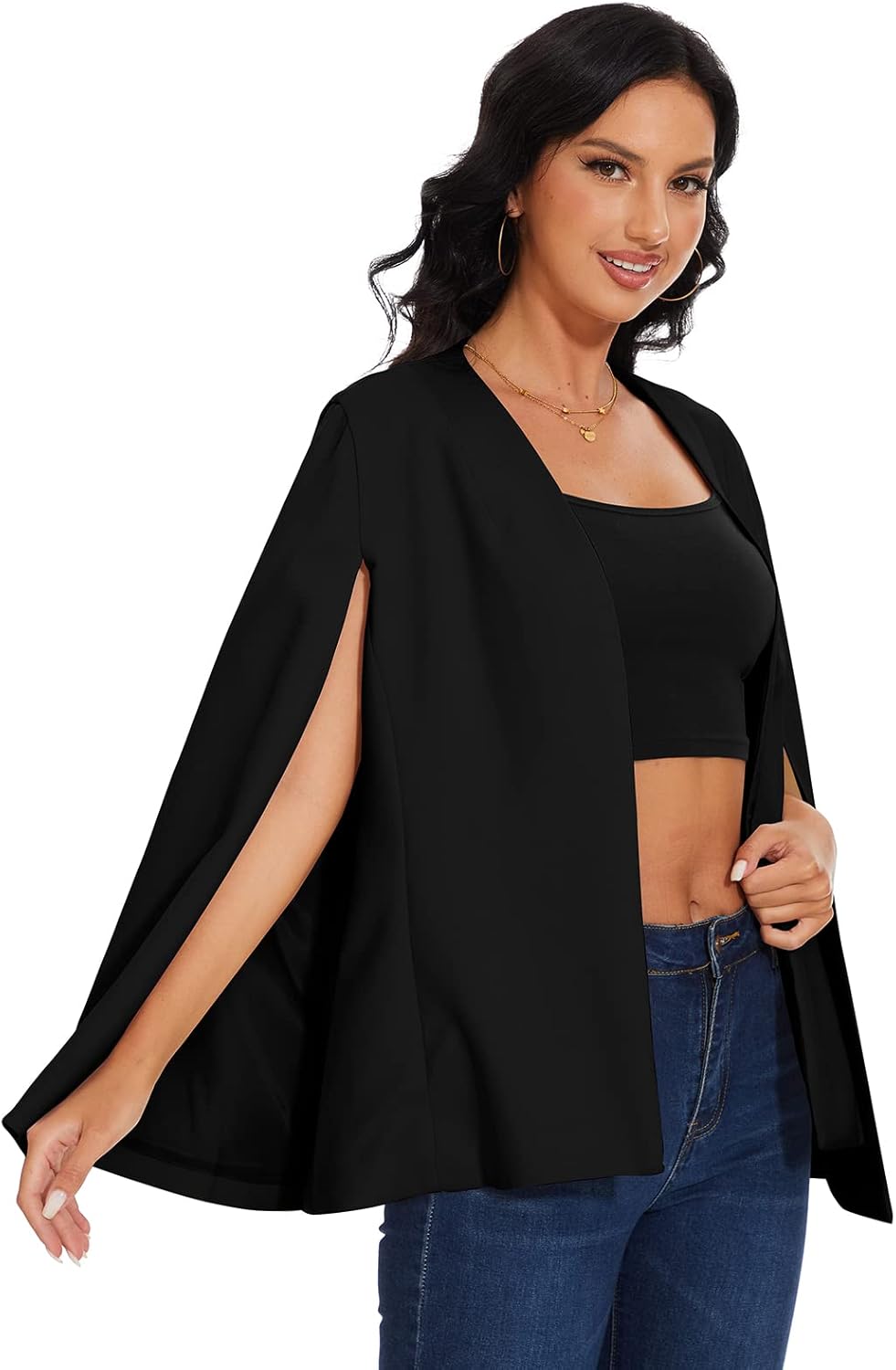 Womens Cape Blazer - Split Sleeve Open Front Casual Jacket Coat Workwear Elegant Formal Cape Coat - Image 4