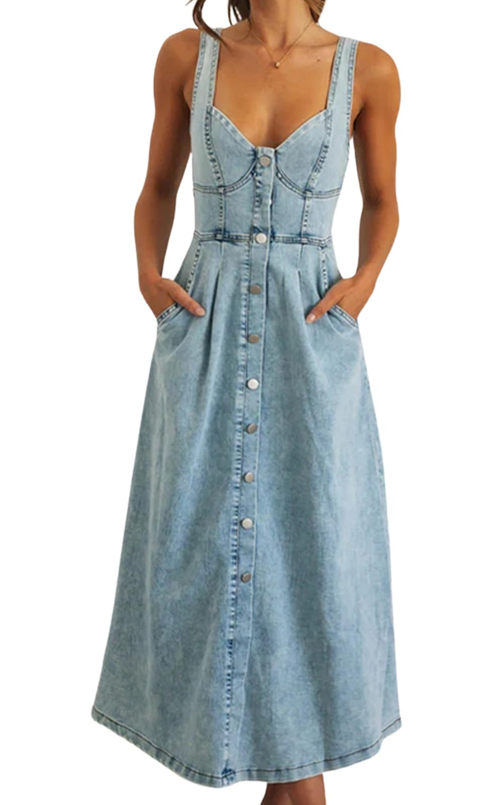 Women's Summer Casual Button Down Denim Dress Sleeveless Slim Fit Midi A-Line Jean Dress
