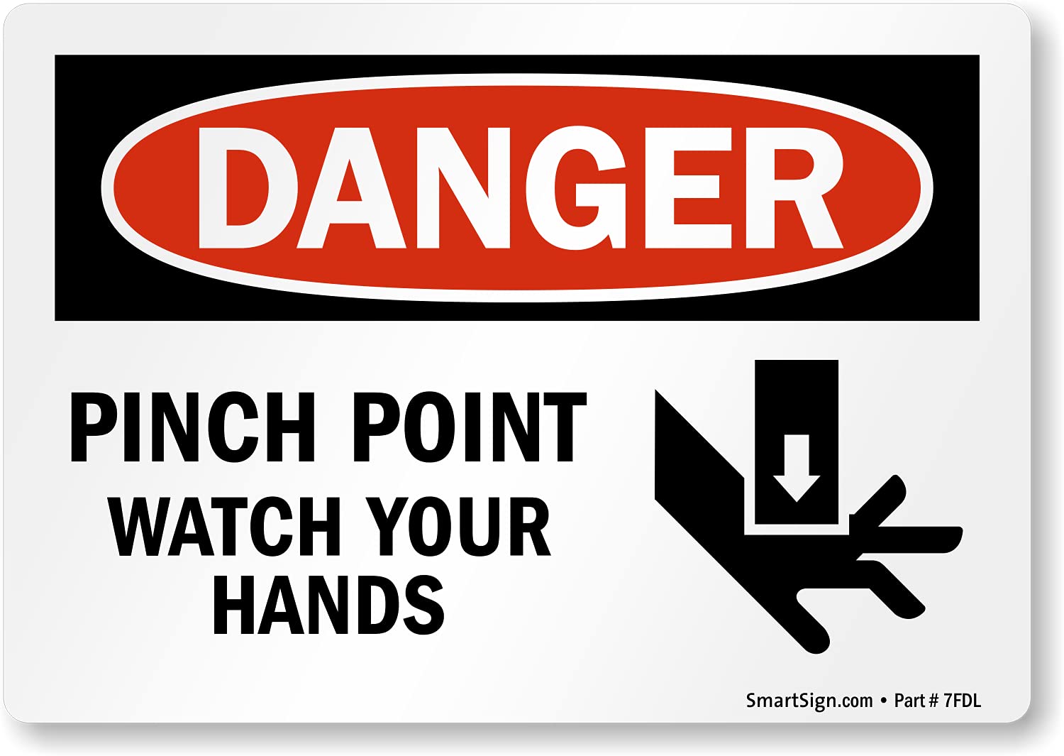 SmartSign 3.5 x 5 inch “Danger - Pinch Point, Watch Your Hands” OSHA Label, 3 mil Laminated Adhesive Polyester, Red, Black and White