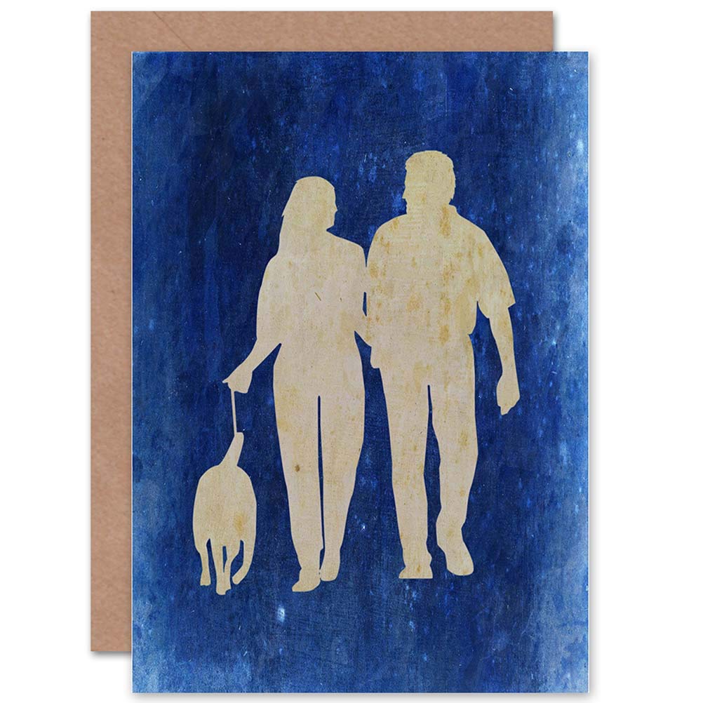 Wee Blue Coo FAMILY DOG COUPLE ROMANCE WALK SILHOUETTE BLUE GRUNGE BLANK BIRTHDAY CARD