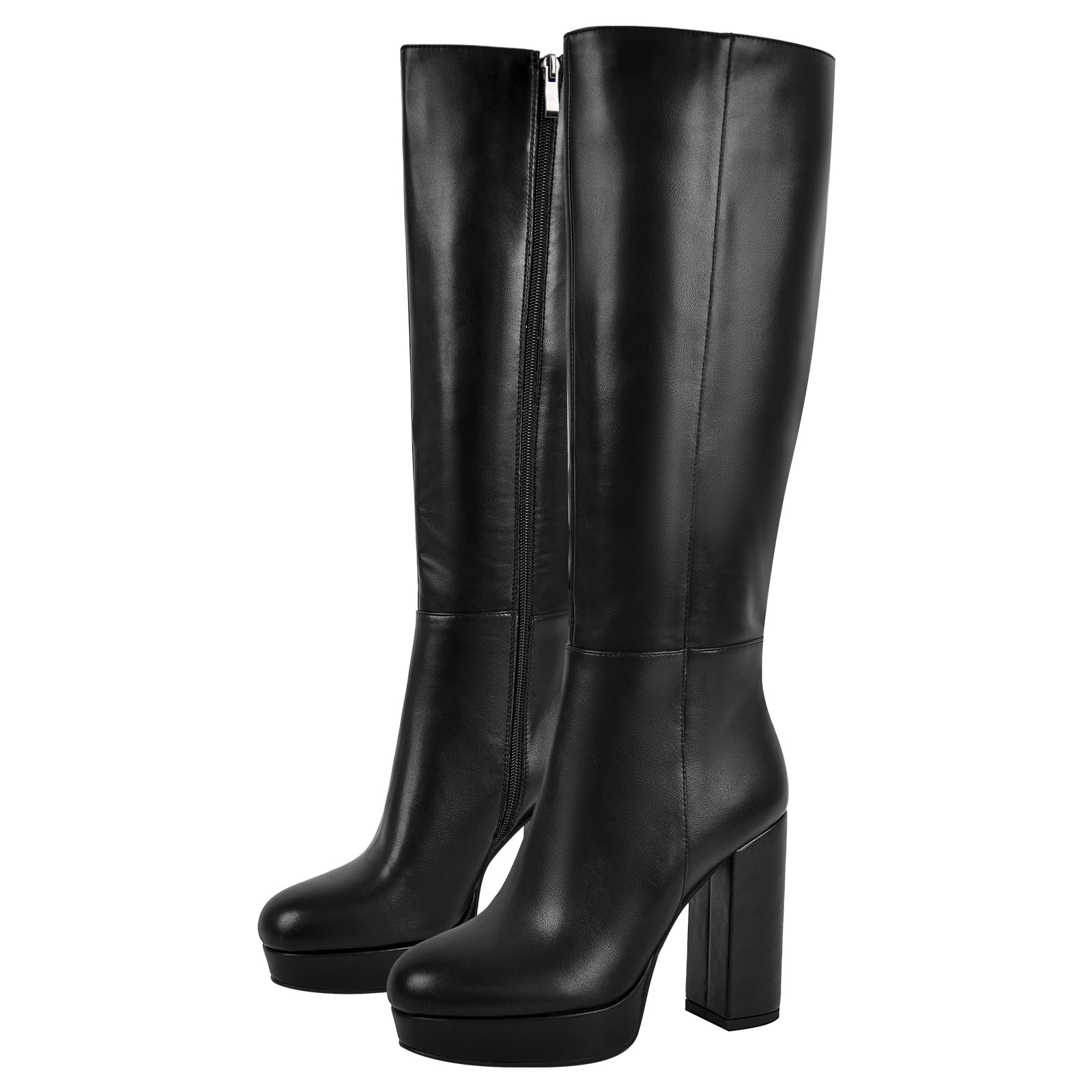Plateau Stiefel Kniehoch Langschaft Boots Weitschaftstiefel mit Blockabsatz