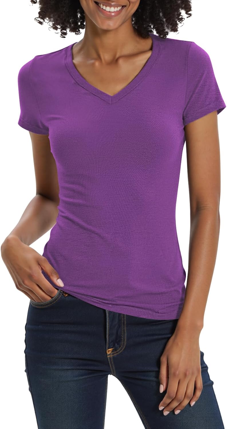 Urban CoCo Women's Basic Slim Fitted Tee Tops Short Sleeve Stretchy Bodycon V-Neck Tight T-Shirt