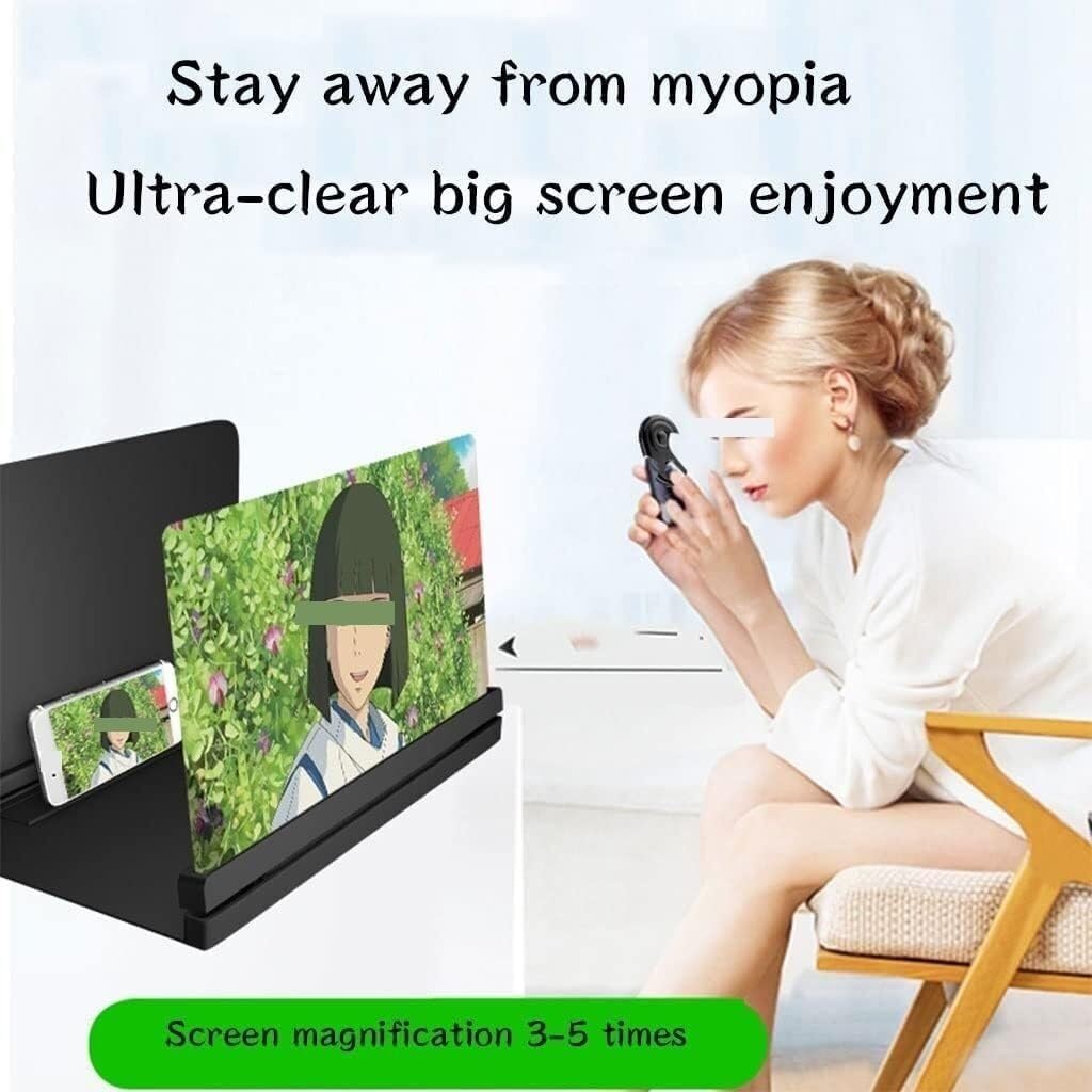 Phone Screen Magnifier, HD Amplifier for Movies & Videos, Foldable Mobile Enlarger, Adjustable Stand, Compatible with All Smartphones, Gift Kids Seniors(Black+Glasses,Large Screen)