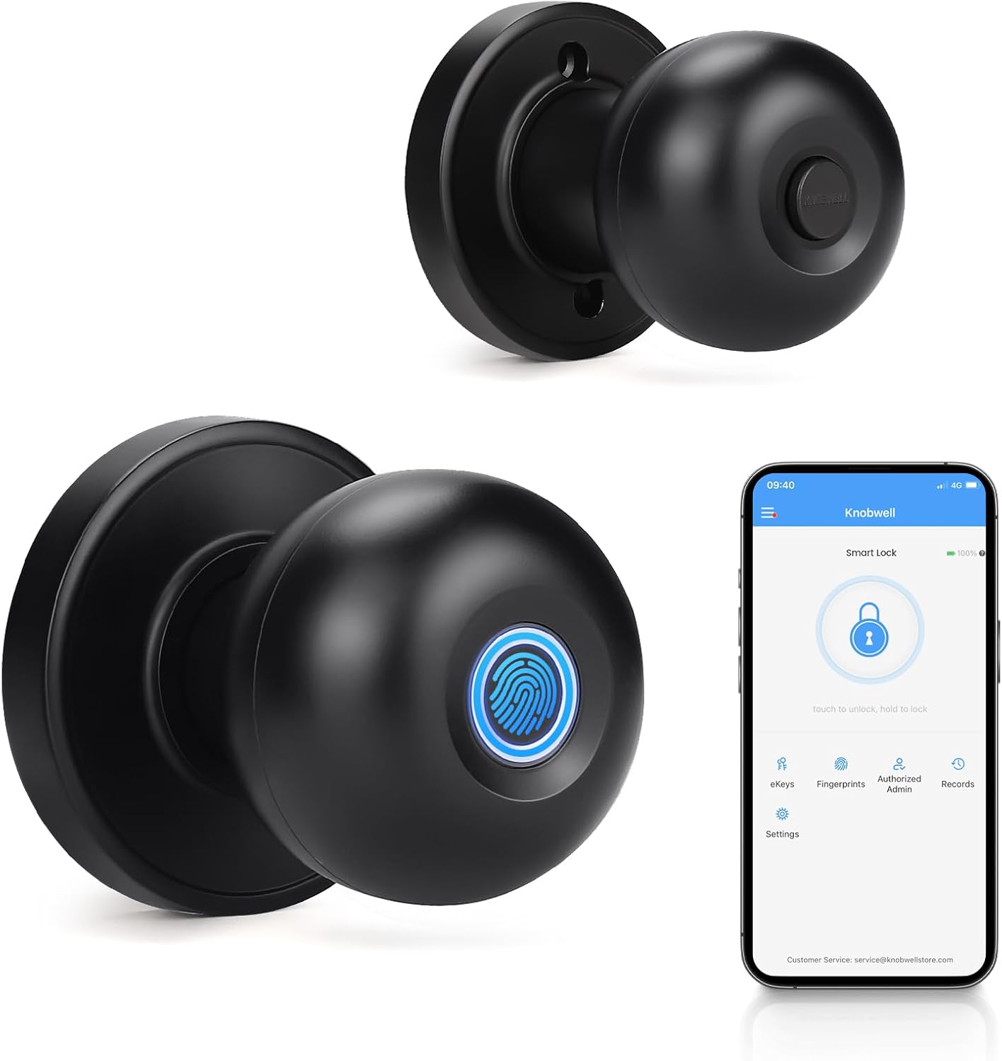 KNOBWELL Smart Door Knob, Fingerprint Door Lock Smart Lock Biometric Door Lock Fingerprint Door knob with App Control, Black Keyless Entry Door Lock for Bedroom, Apartment, Office and Garages