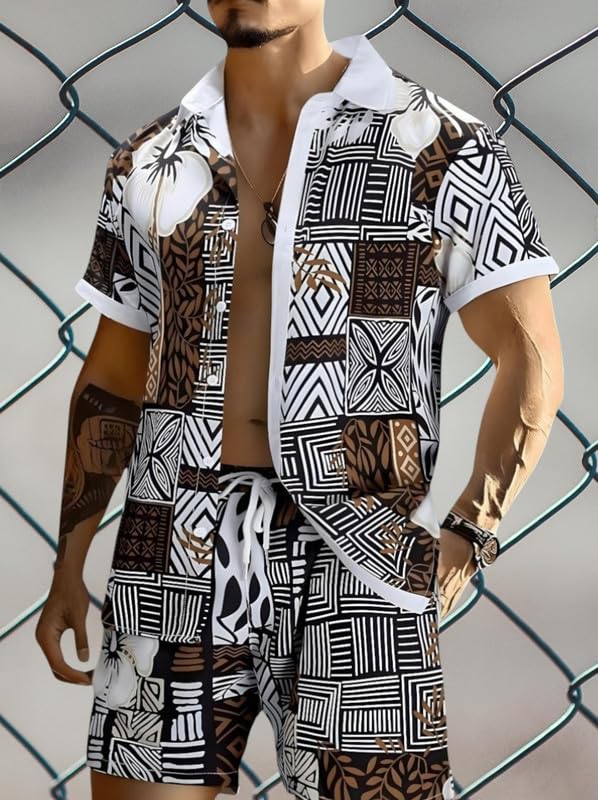 Image of Men's Printed Co-Ord Set | Plus Size Casual Shirt & Shorts Set | Nightwear Pajama Suit, Loungewear, Beachwear & Vacation Outfit Design No Shirt-Short Set10-Parent